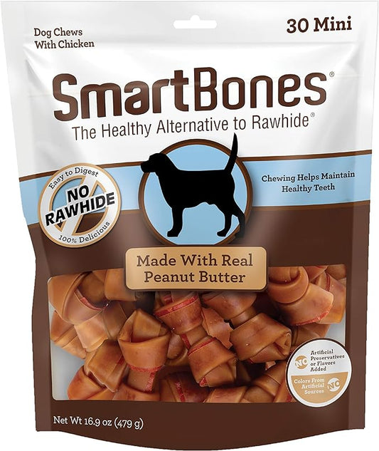 Smartbones with Peanut Butter Mini Chews 30 Count, Rawhide-Free Chews for Dogs, No Artificial Preservatives or Flavors Added, 16.9 OZ (SBPB-00310)