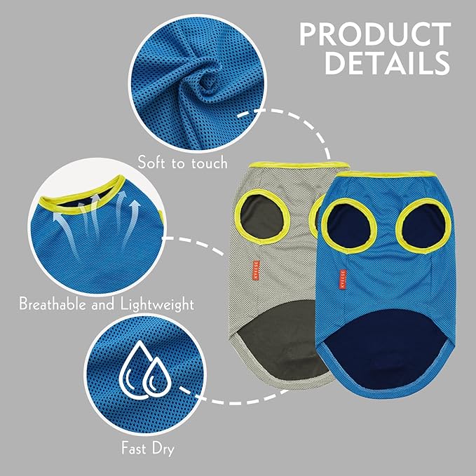 KYEESE 2 Pack Dog Cooling Shirts - Breathable Instant Cooling Vests, Lightweight for Summer Dog Apparel, Blue+Grey, Small