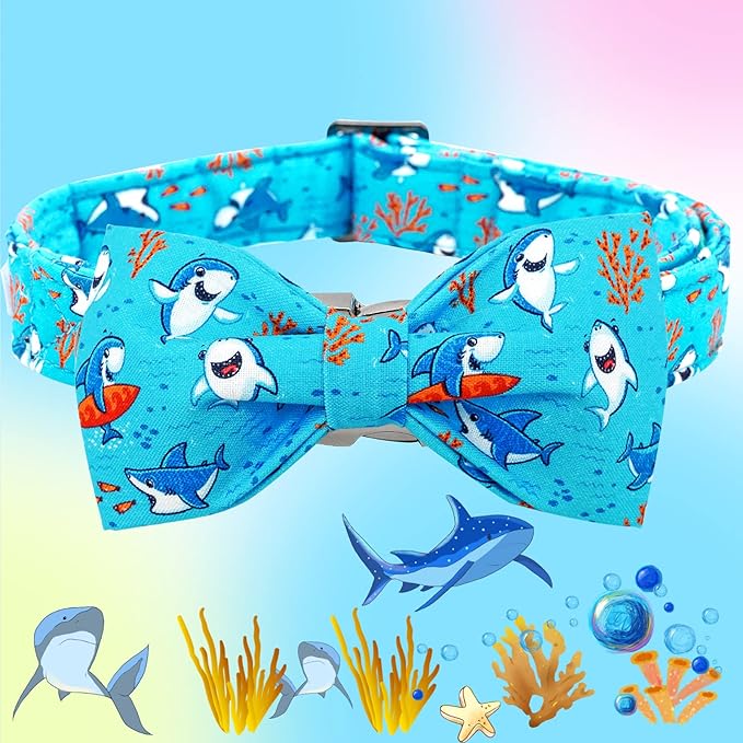 Dog Collar, Shark Print Bowtie Collars Boy Pet Collar Bow Tie Collar for Dogs Soft Durable Adjustable Dog Collars for X-Large Dogs