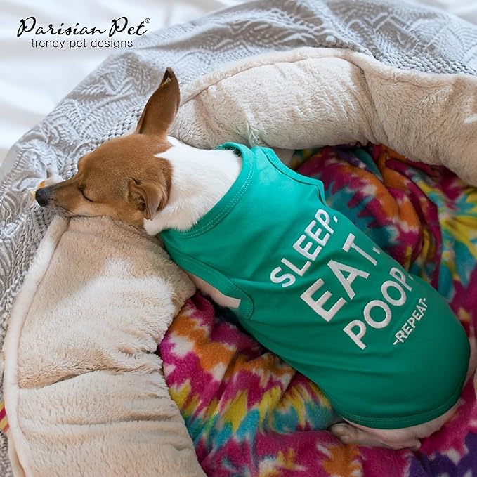 Parisian Pet Dog Tshirt - Embroidered “Sleep, Eat, Poop, Repeat“ Dogs Clothes - Lightweight Dog Tank Top - Cotton, Sleeveless Doggy Tee Shirts - Machine Washable Shirts for Small Dogs - S