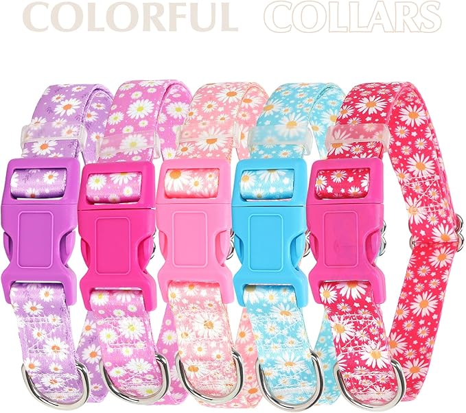 Pink Dog Collars for Medium Dogs, Girl Dog Collars with Hot Daisy Flowers, Adjustable Comfy Soft Pet Collar with Safety Buckle for XS Small Medium Large Dogs(M)