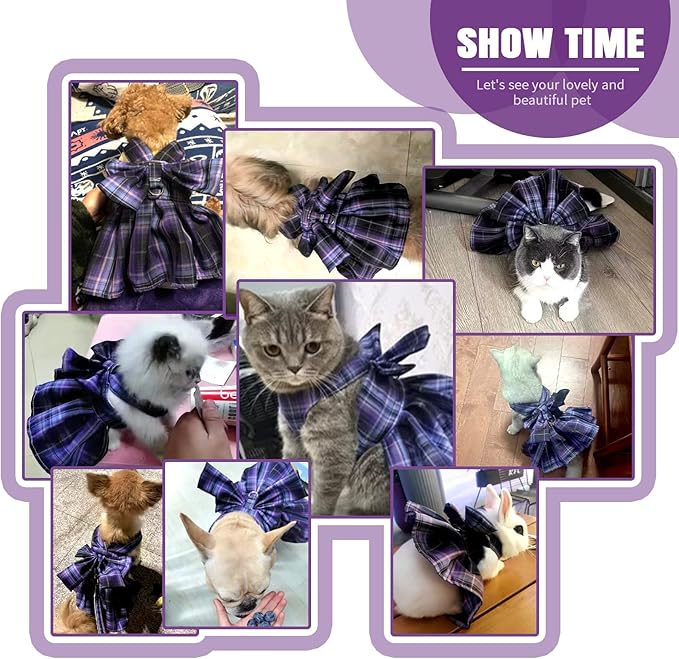 PETCARE Plaid Dog Dress Bow Tie Harness Leash Set for Small Dogs Cats Girl Cute Princess Dog Dresses Spring Summer Puppy Bunny Rabbit Clothes Chihuahua Yorkies Pet Outfits