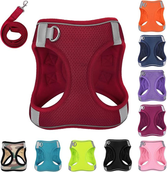Dog Harness with Leash Set, No-Pull Step-in Reflective Pet Harness with 1 Leash Clips, Adjustable Soft Padded Easy Walk Dog Vest for Small Medium Large Dogs, Cats(Bright Red, Large)