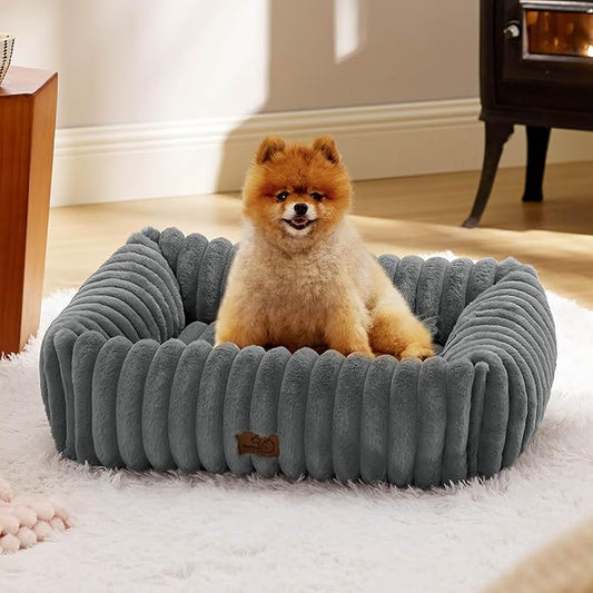 Bedsure Cute Dog Bed for Small Medium Dogs - Washable Furry Puppy Beds, Rectangle Orthopedic Corduroy Fleece Pet Beds with Removable Zipper Cover, 25x21x7inches, Warm Grey