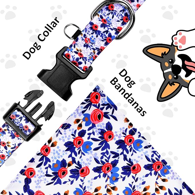 Dog Collars and Bandanas - Soft Adjustable Fancy Floral Boys Girls Puppy Collar for Small Medium Large Dogs.