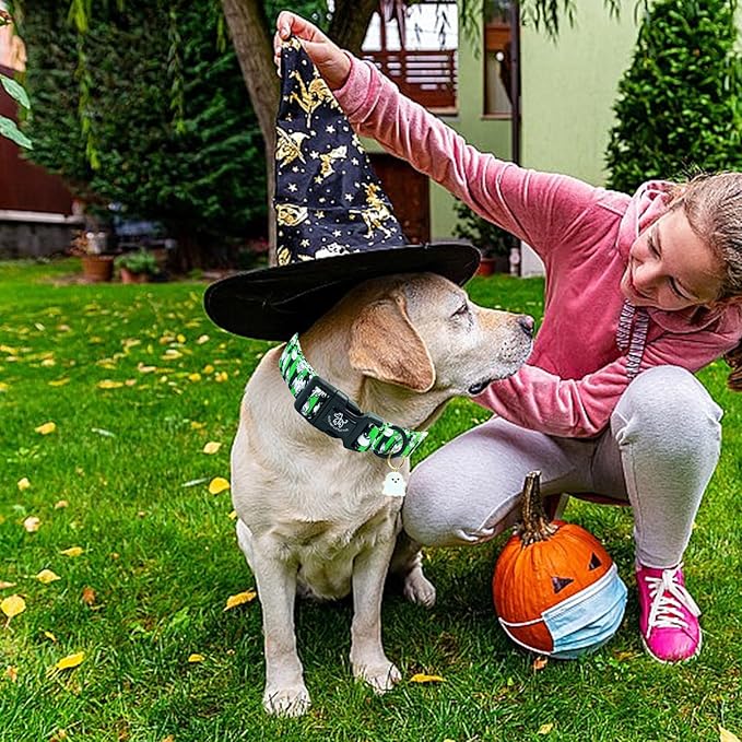 Elegant little tail Halloween Dog Collar, Ghosts Print Fall Male Cute Puppy Adjustable Cotton Pet Collar with Quick Release Buckle for Small Medium Large Dogs