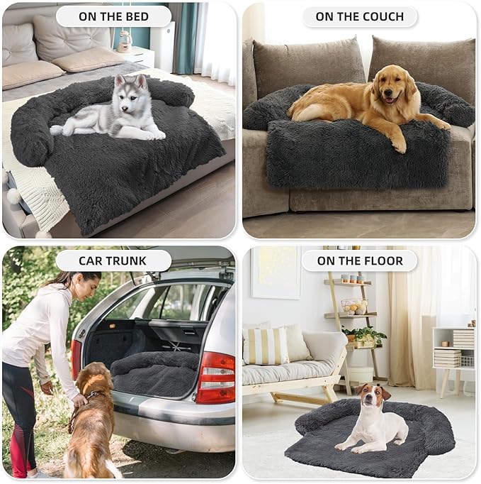 Calming Dog Bed Fluffy Plush Dog Mat for Furniture Protector with Removable Washable Cover for Large Medium Small Dogs and Cats (Extra Extra Large, Dark Grey)