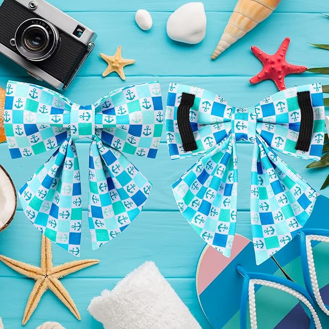 Summer Dog Collar with Bow Tie, Comfortable Cotton Dog Bowtie Collar, Cute Plaid Dog Collar for X-Large Girl Boy Dog, Holiday Blue Pet Collar with Durable Metal Buckle, XL