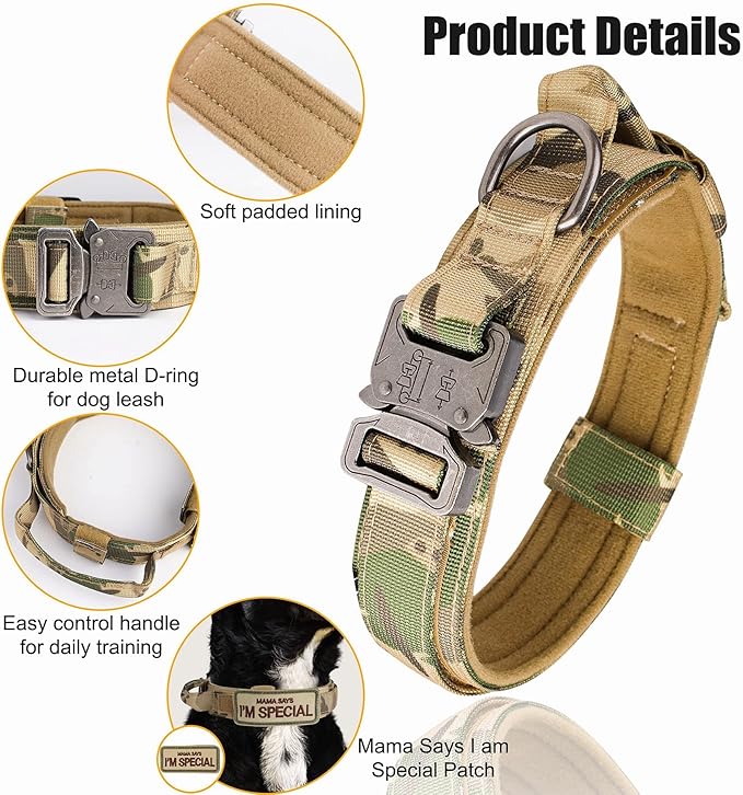 KCUCOP Tactical Dog Collar with Handle,Adjustable Military Dog Collar with Metal Buckle and Patches,Heavy Duty Dog Collars for Medium Dogs (Camo-M)