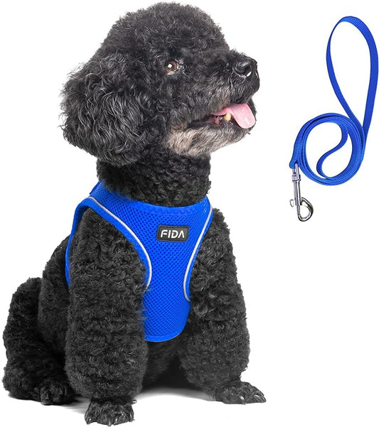 Fida Comfy Dog Harness with Leash, Soft Puppy Vest Escape Proof, Breathable Lightweight Soft Mesh, Adjustable Reflective Step-in Harness for Small & Medium Pet Walking (M, Blue)