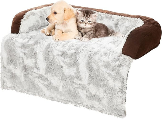 Calming Dog Couch Bed Mat, 31x28 Inch Waterproof Fluffy Sofa Cover, Furniture Protector with Handle, Removable and Washable Pet Bed for Small Dogs and Cats (Brown)