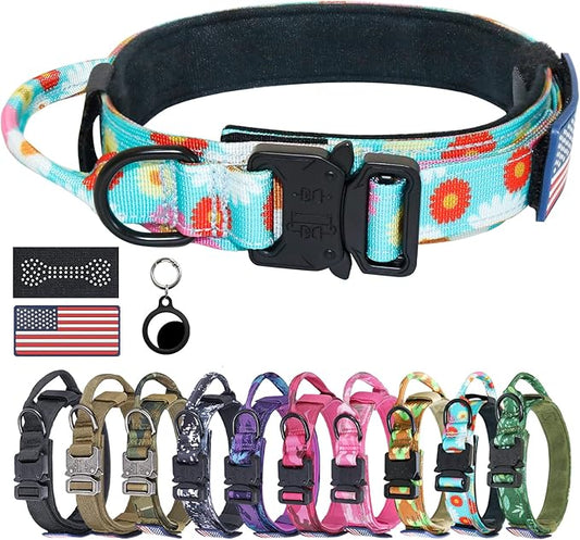 Hotsky Tactical Dog Collar, Adjustable Military Training Nylon Airtag Collar with Handle and Heavy Duty Metal Buckle for Medium Large Dogs, with Airtag Holder and Two Patches（Daisy,XL）