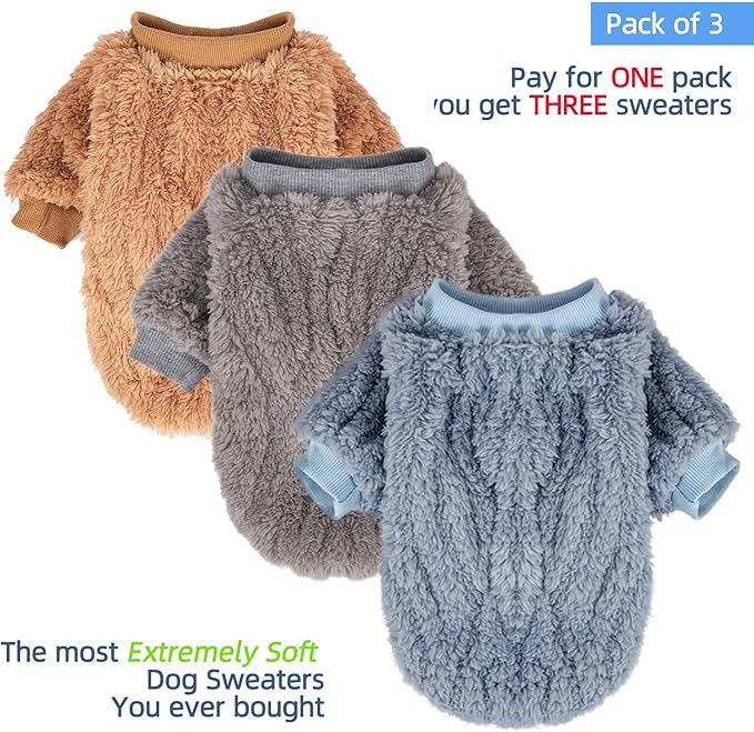 FabriCastle Dog Sweater, 3-Pack Dog & Cat Clothes, Ultra Soft and Warm Pet Jackets XXS XS for Small Dogs Boy, Winter Pet Apparel Costumes, Puppy Outfits (Blue,Grey,Doe, XX-Small)