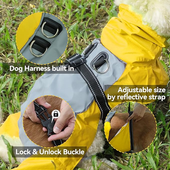 Dog Raincoat with Harness Built in,Outdoor Waterproof Puppy Rain Jacket for Small Dogs,Adjustable Waist by Strap Doggie Rain Coats,Yellow XS
