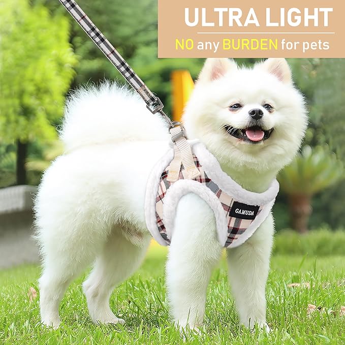 GAMUDA Small Dog Harness Collar and Leash Set, Step in No Chock No Pull Soft Mesh Adjustable Dog Vest Harnesses Plaid Reflective for Dogs Puppy Cats Kitten Rabbit (Warm Beige, S)