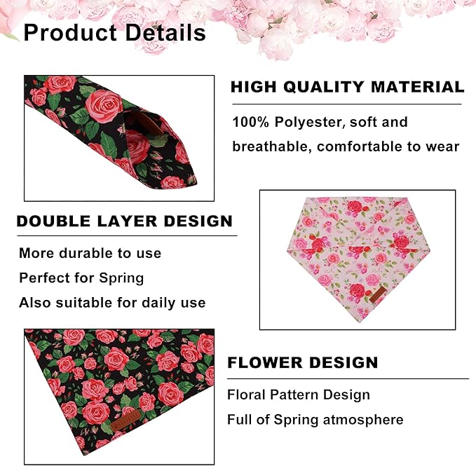 ADOGGYGO Floral Dog Bandana 2 Pack, Reversible Red Pink Rose Pet Scarf Bib, Adjustable Fit Cute Floral Bandanas for Medium Large Dogs Pets (Large)