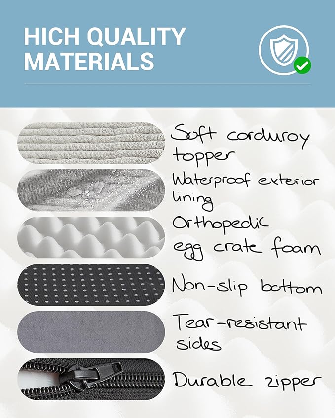 OhGeni Orthopedic Waterproof & Machine Washable Dog Bed for Extra Large Pets, Suitable for Crates, 25D Egg Crate Foam, Non-Slip Bottom & Removable Cover, Invisible Zipper, 47 Inches(Gray)