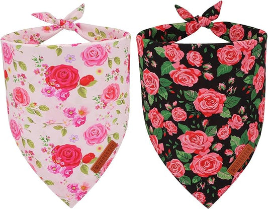 ADOGGYGO Floral Dog Bandana 2 Pack, Reversible Red Pink Rose Pet Scarf Bib, Adjustable Fit Cute Floral Bandanas for Extra Large Dogs Pets (X-Large)