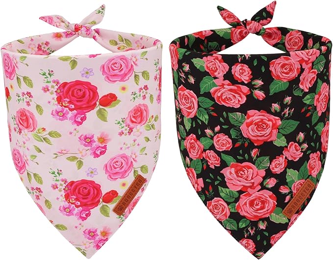 ADOGGYGO Floral Dog Bandana 2 Pack, Reversible Red Pink Rose Pet Scarf Bib, Adjustable Fit Cute Floral Bandanas for Medium Large Dogs Pets (Large)
