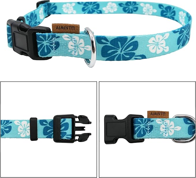 Dog Collar, Cute Floral Pattern, Soft and Adjustable Collar with Quick Release Buckle (L (Neck 16-28", Width 1"), Hawaiian Blue)