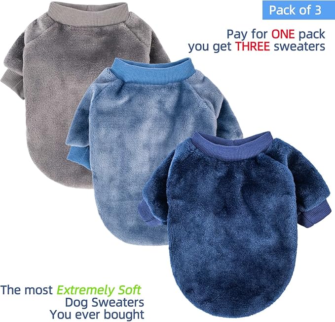 FabriCastle Small Dog Sweater, 3-Pack Dog & Cat Clothes, Soft and Warm Pet Jackets XXS XS S for Small Dogs Male & Girl, Winter Pet Apparel Costumes, Puppy Outfits (Grey,Blue,Dark Blue, Medium)