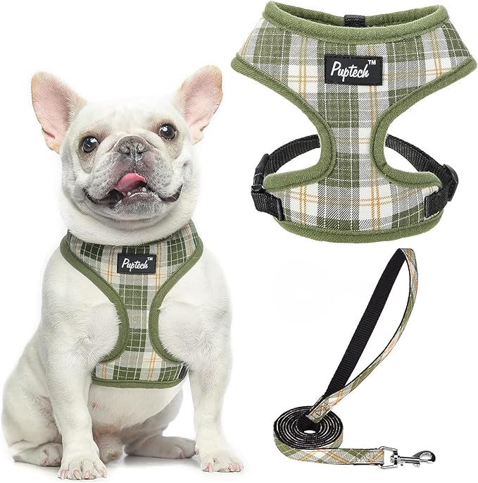 PUPTECK Soft Mesh Dog Harness and Leash Set Pet Puppy Cat Comfort Padded Vest No Pull Harnesses, Olive Green, L