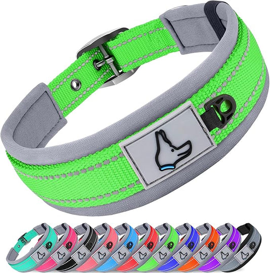 Joytale Dog Collar for Large Dogs, Neoprene Padded and Adjustable, Reflective Wide Heavy Duty Pet Collars with Durable Metal Belt Buckle for Walking, Green, L