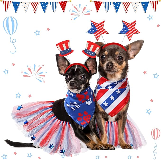 Silkfly 6 Pieces 4th of July Dog Costume Accessories Includes 4th of July Dog Bandanas Puppy Tulle Tutu and Dog Patriotic Headbands for Dogs Independence Day Fourth 4th of July Apparel Accessories