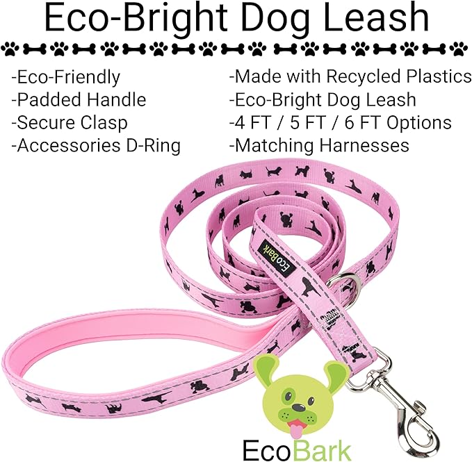 EcoBark Dog Leash - 4 FT / 5 FT / 6 FT Reflective Dog Leash- Eco-Bright Dog Leashes with Padded Handle - Strong Heavy Duty Dog Leash - Nylon Dog Leash for Small and Medium Dogs (Baby Pink Dog Leash)