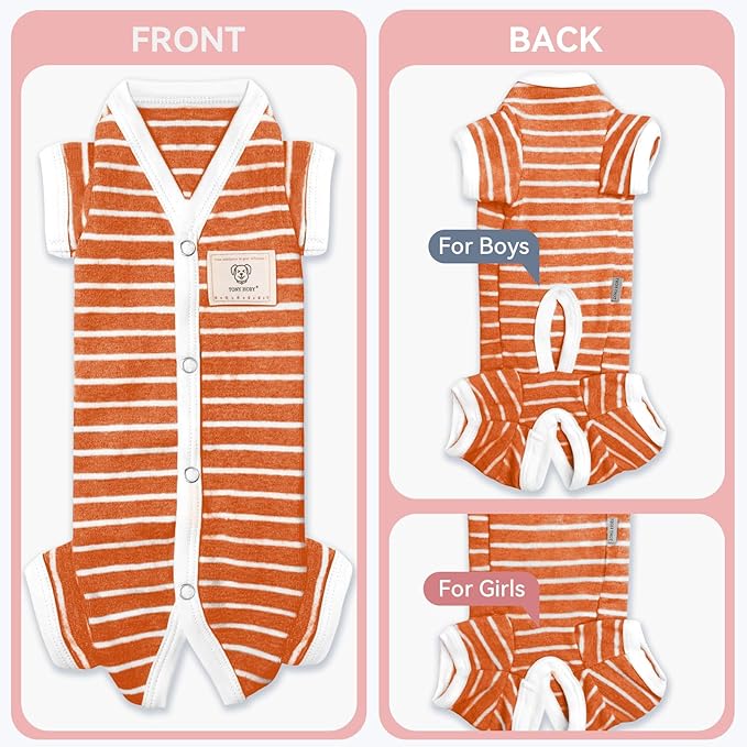 TONY HOBY Female/Male Pet Dog Pajamas Stripes 4 Legged Dog pjs Jumpsuit Soft Cotton Dogs Clothes(XS, Orange+White-Girls)