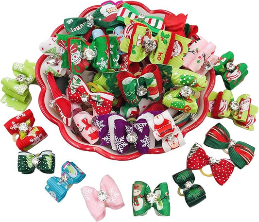 PET SHOW 20pcs Christmas Dog Hair Bows with Rubber Bands for Small Medium Dogs Xmas Holiday Puppies Cats Kittens Rabbits Topknot Grooming Costumes Hair Accessories