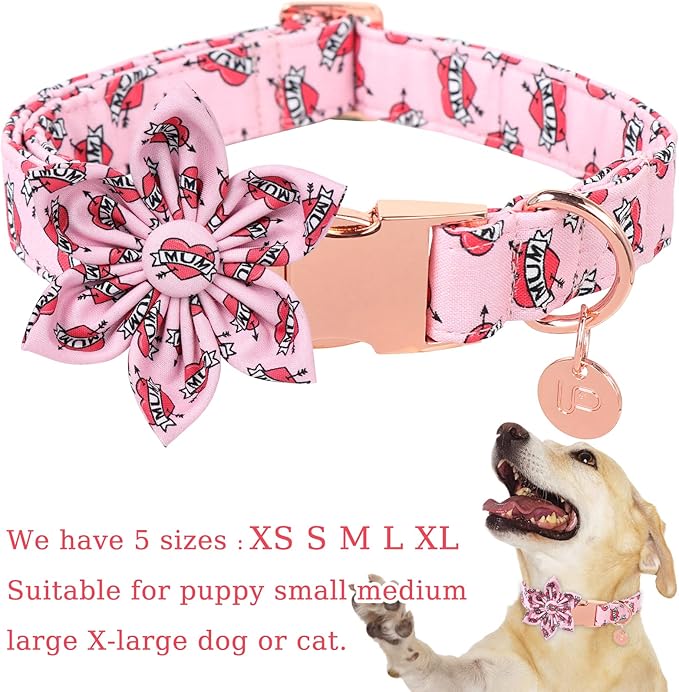 Mother’s Dog Collar with Flower, Cute Cotton Girl Dog Collar, Adorable Pink Flower Collar for Puppy Girl Dog or Cat, Female Dog Collar with Metal Buckle, XS