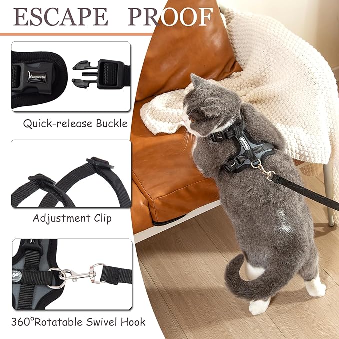 Cat Harness and Leash Set for Walking Lightweight Escape Proof Kitten Vest Harness Soft Fit for Cat Puppy Rabbits Easy Control (Grey Black, M(Chest:12.5''-19'', Neck:8''-12''))