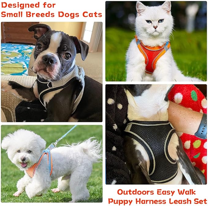 Soft Small Dog Harness and Leash Set Mesh Puppy Harnesses Leash Easy Walk Dog Vest Adjustable Reflective No Pull Dogs Harnesses for Small Dogs Cats (Black, XXS)