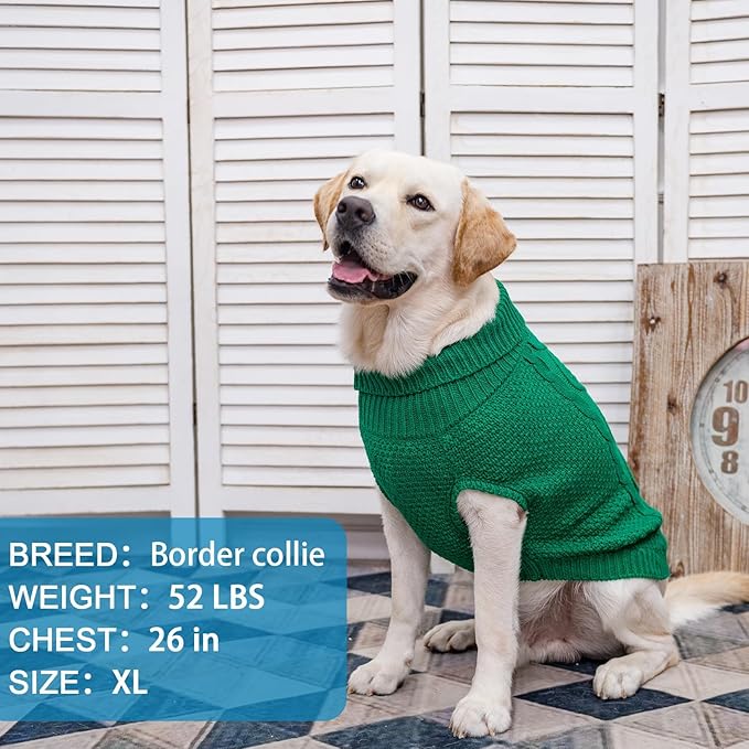 Mihachi Turtleneck Dog Sweater - Winter Coat Apparel Classic Cable Knit Clothes with Leash Hole for Cold Weather, Ideal Gift for Pet in New Year Green Medium/Large