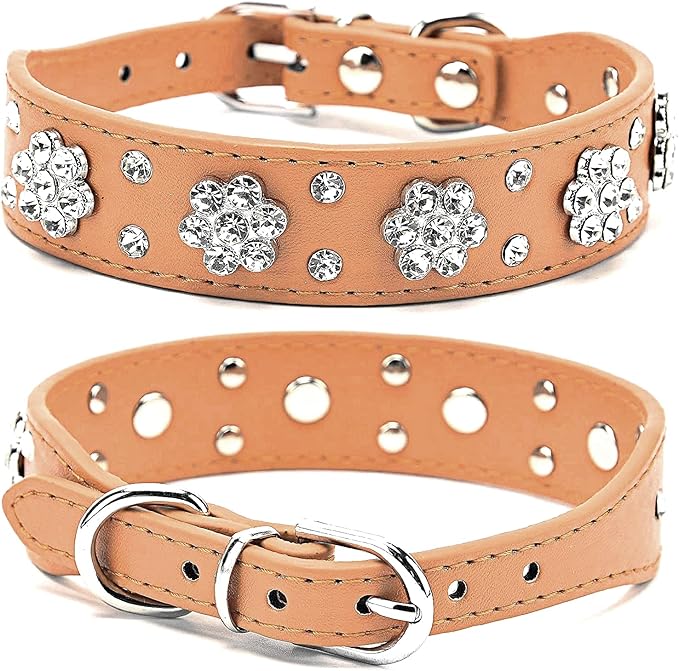 Cute Flower Rhinestone Dog Collar, Adjustable Sizes Small Medium Large (M, Brown)
