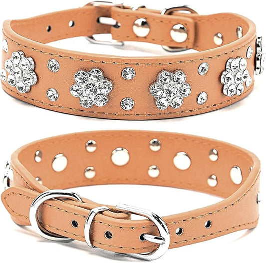 Cute Flower Rhinestone Dog Collar, Adjustable Sizes Small Medium Large (M, Brown)
