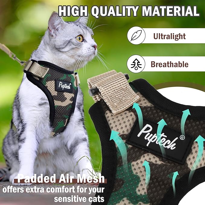 PUPTECK Cat Harness and Leash Set Escape Proof for Walking, Breathable Mash Vest Adjustable Harness for Cats Puppy Small Animals, Reflective at Night, Camouflage Small