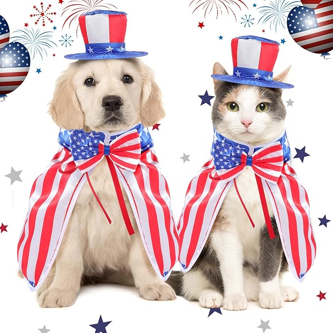 JaGely 3 Pcs Dog 4th of July Outfit Independence Day Costume Set Includes Dog Top Hat, American Flag Bow Tie Collar and American Flag Cape Pet Clothes for Dogs Puppy Cats Kitten(M)