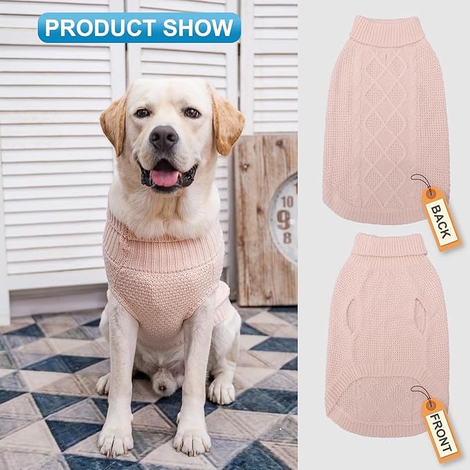 Mihachi Turtleneck Dog Sweater - Winter Coat Apparel Classic Cable Knit Clothes with Leash Hole for Cold Weather, Ideal Gift for Pet in New Year Rosy Medium/Large