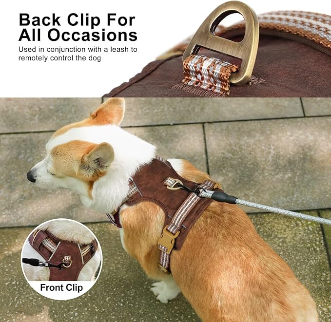 Beirui Dog Harness Medium Sized Dog, Stylish Oxford Leather Pet Vest with 2 Leash Clips, Adjustable Reflective Soft Padded No Pull Harness with Easy Control Handle for Walking, Chest 26-33"