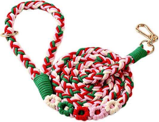 Handmade 5ft Braided Cotton Dog Leash with Unique Floral Handle, Durable and Stylish, Ideal for Small to Large Dogs,Strawberry