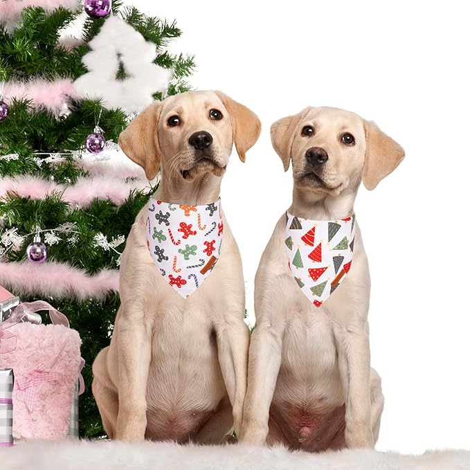 ADOGGYGO Christmas Dog Bandanas, Xmas Tree Candy Scarf, Premium Durable Fabric, White Christmas Bandanas for Medium Large Dogs Pets (Large)