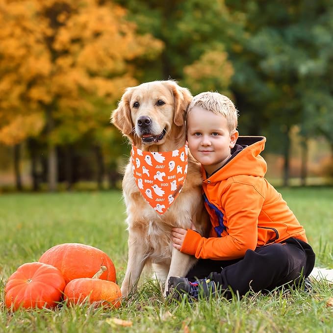ADOGGYGO Halloween Dog Bandana, Spider Web Ghost Pet Scarf, Premium Durable Fabric, Orange Halloween Bandanas for Extra Large Dogs Pets (X-Large)