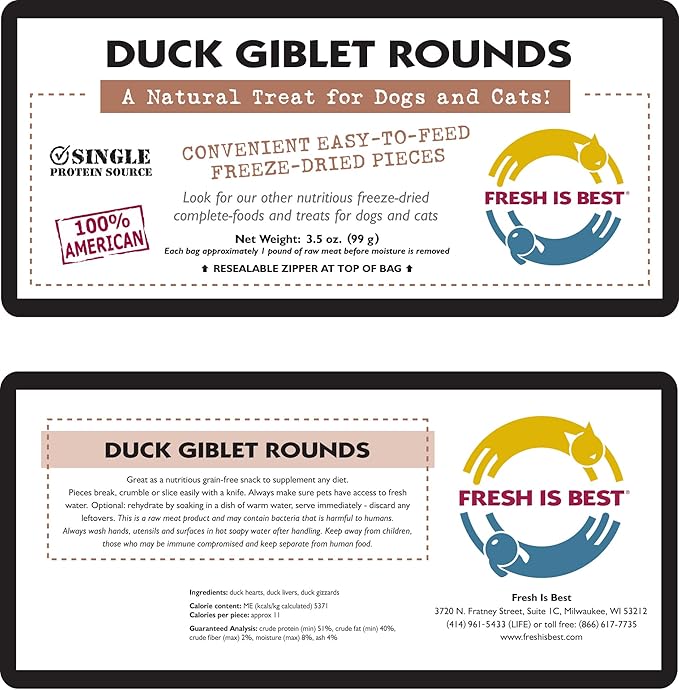 Fresh Is Best - Freeze Dried Healthy Raw Meat Treats for Dogs & Cats - Duck Giblets