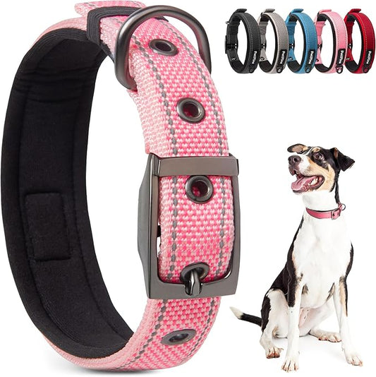 PetiFine Neoprene Padded Dog Collar, Heavy Duty Comfort Dog Collar with Durable Metal Buckle, Reflective Adjustable Belt Buckle Dog Collars for Small Medium Large Dogs(19''-23'',Pink