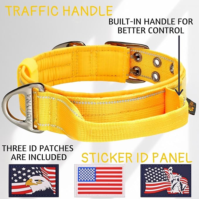 ADITYNA Heavy Duty Dog Collar for Extra-Large Dogs - Reflective Yellow Collar with Handle for Training, and Walking - Wide, Thick, Tactical, Soft Neoprene Padded