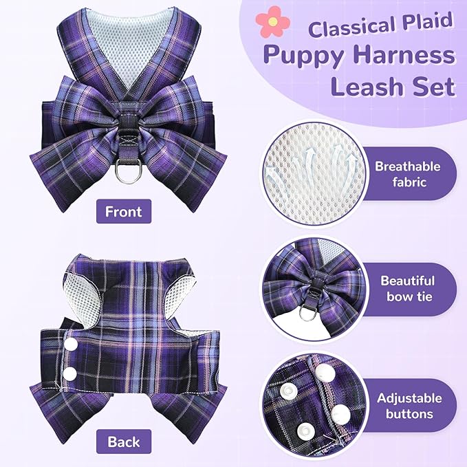 Cute Dog Harness and Leash Set with Bow Tie Soft Mesh Plaid Girl Puppy Harness No Pull Pet Cat Dog Vest Harness for Small Dogs Chihuahua Rabbit Outfit (Purple,L)