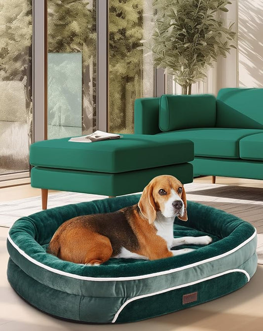 OhGeni Orthopedic Dog Couch Large Sized Pet Beds for Fathers Gifts with Comfort Foam Support, Soft Indestructible Fabric, Machine Washable Waterproof Removable Cover, 35-Inch (Dark Green)