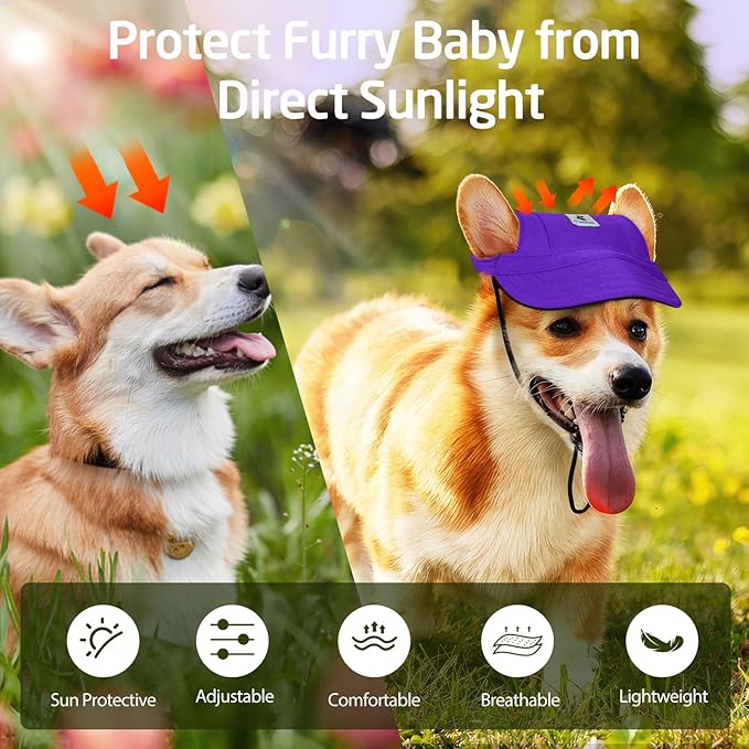 Pawaboo Dog Baseball Cap, Outdoor Pet Sport Sun Protection Baseball Cap Hat, Adjustable Travel Sport Hat Visor Sunbonnet Outfit with Ear Holes for Small Dogs Puppy, XL, Purple